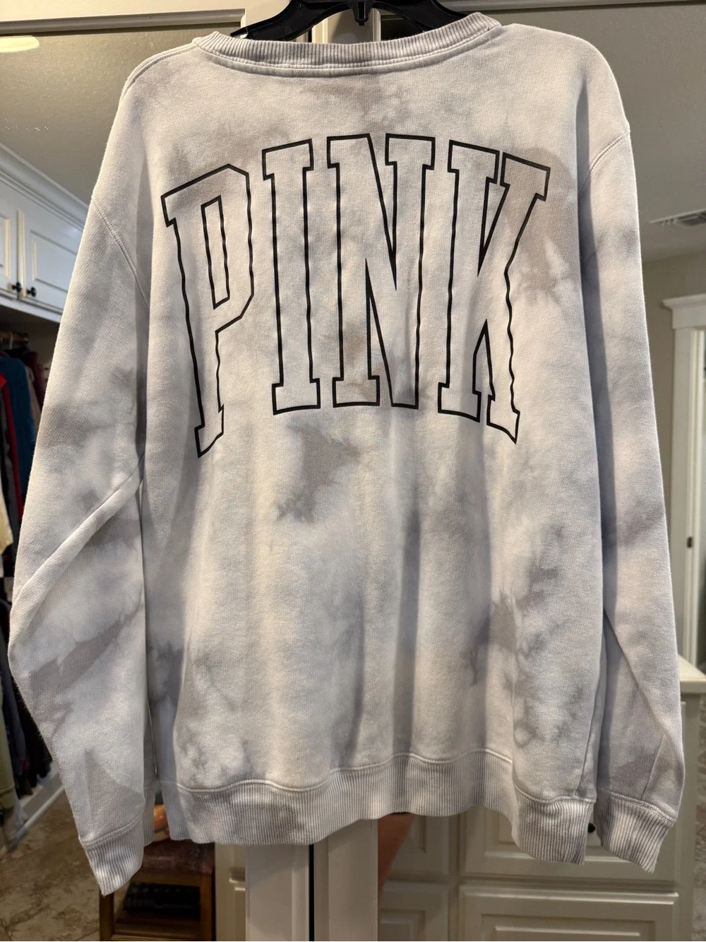 Victoria's Secret PINK Light Gray Tie-Dye Crewneck with Black Mesh V-Inset